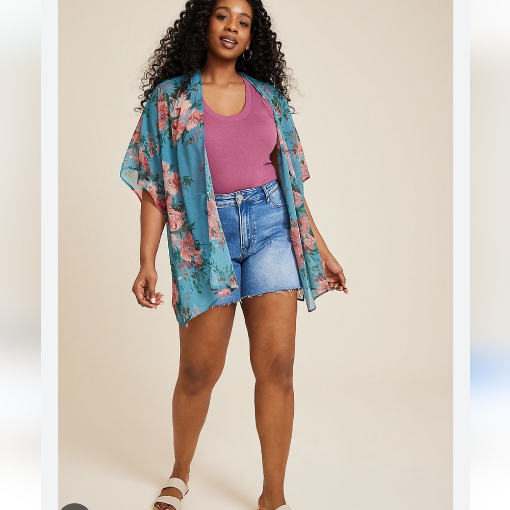 - Maurice's turquoise floral open gauzy kimona with flutter sleeves